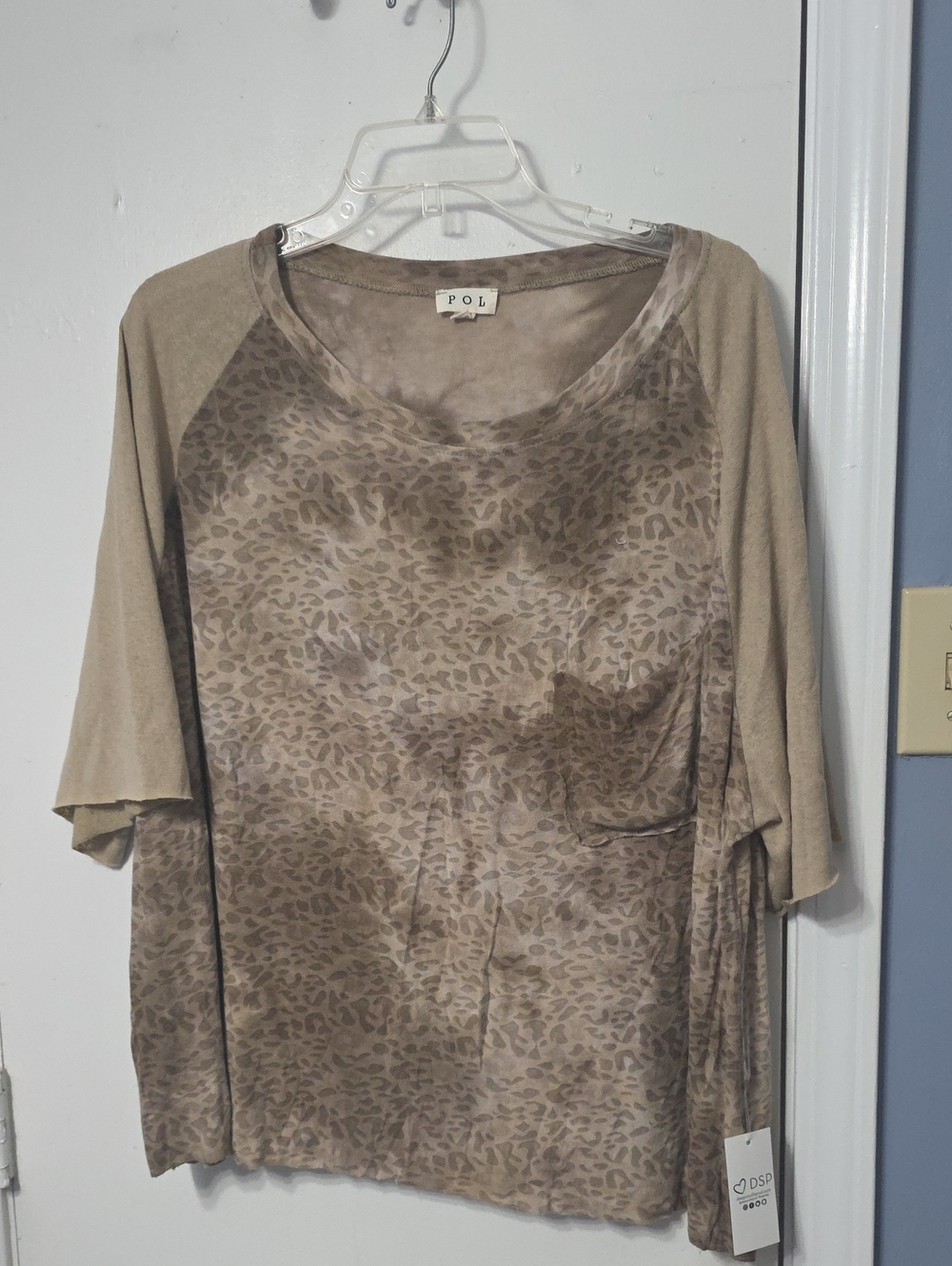 POL Taupe and Khaki Leopard-Print Raglan Tunic